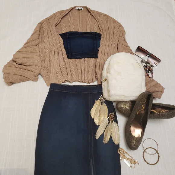 Denim bandeau 2PC set Super Stretch top and Thigh High split skirt S M L… - Picture 7 of 8